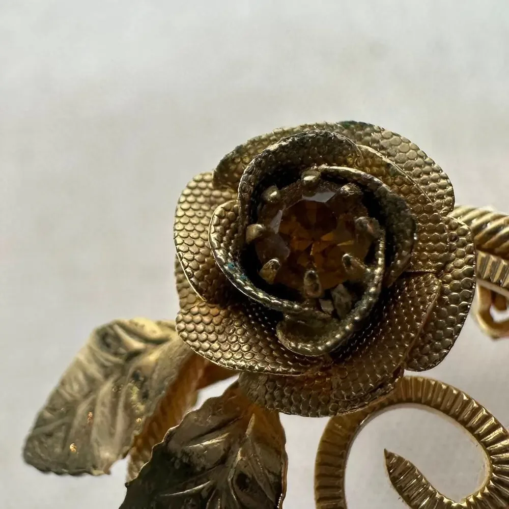Floral Gold Tone Spiral Circle Rose Spun Gold Leaf Brooch Pin w/ Citrine Jewel